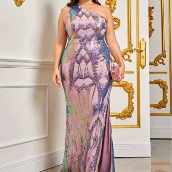 MULTICOLOR SEQUINED, Party, ASSYMMETRICAL Neck, Sleeveless, Sequined Maxi formal - Picture 5 of 9